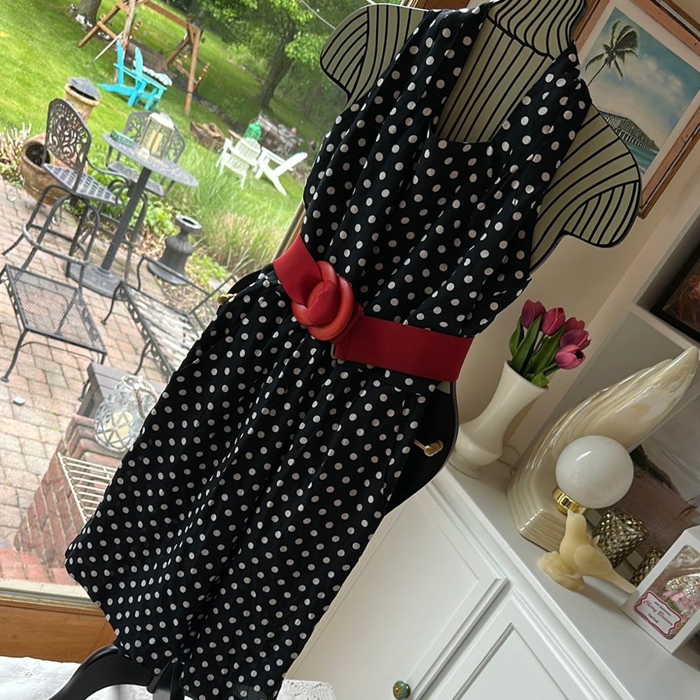 Polka Dot vintage romper with Red Belt. Rayon fabric with Taffeta lining.